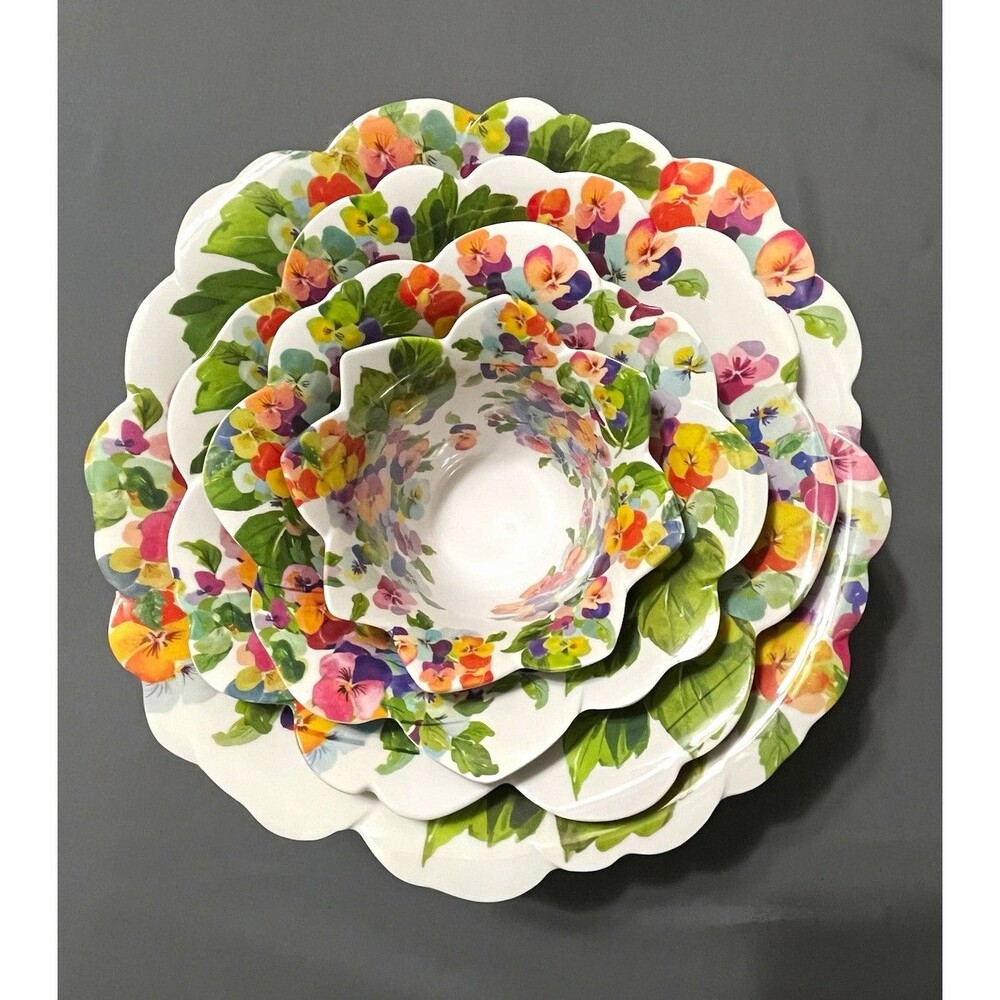 Rachael Zoe Melamine Floral Scalloped Dinner Set 4 Piece Bowls, Dishwasher Safe